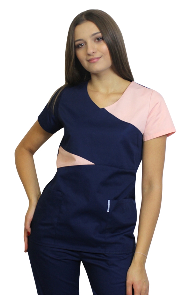 OUTLET Halat medical Luiza, bleumarin cu piersica, cambrat  si doua buzunare aplicate